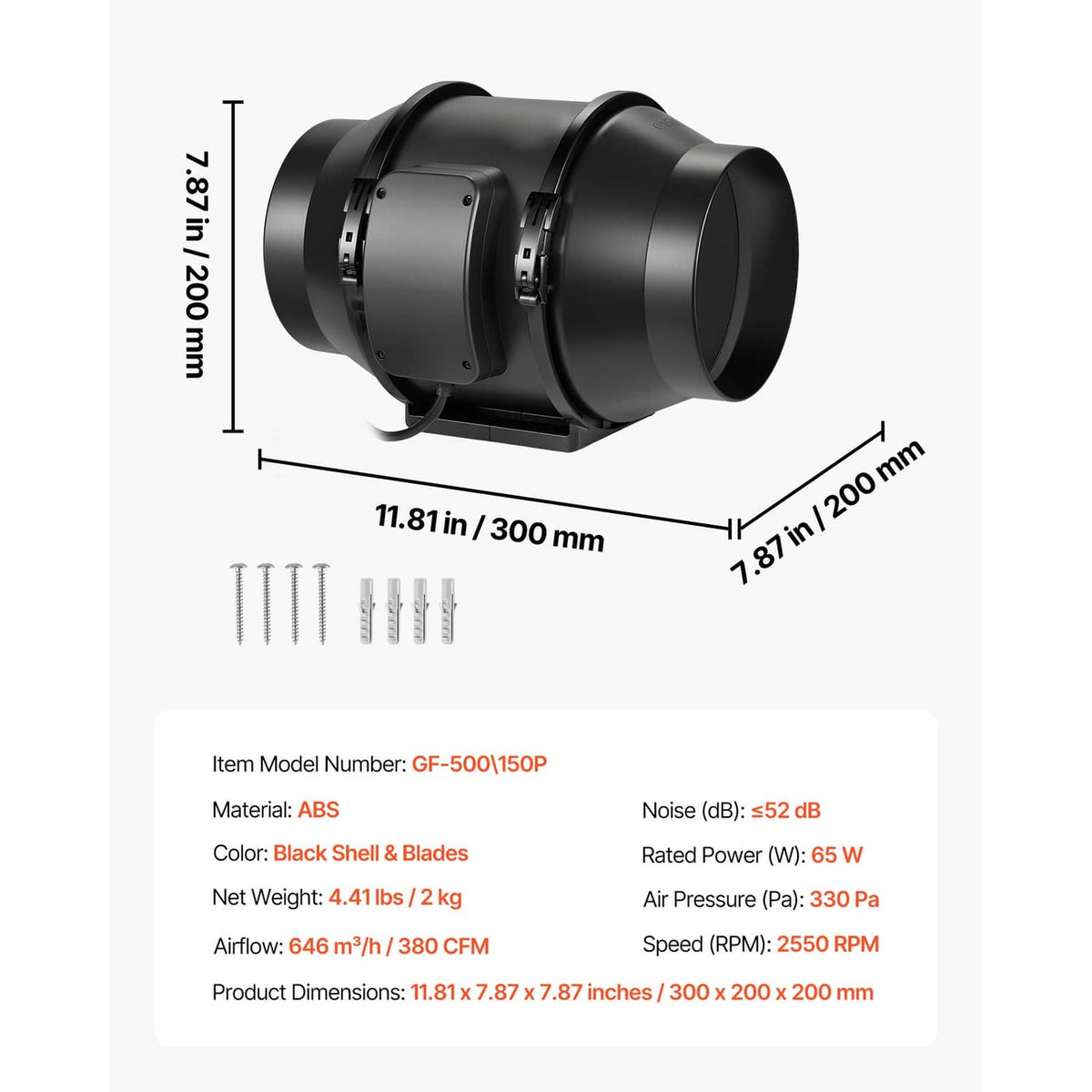 Black inline ventilation fan size diagram with included screws and mounting bracket