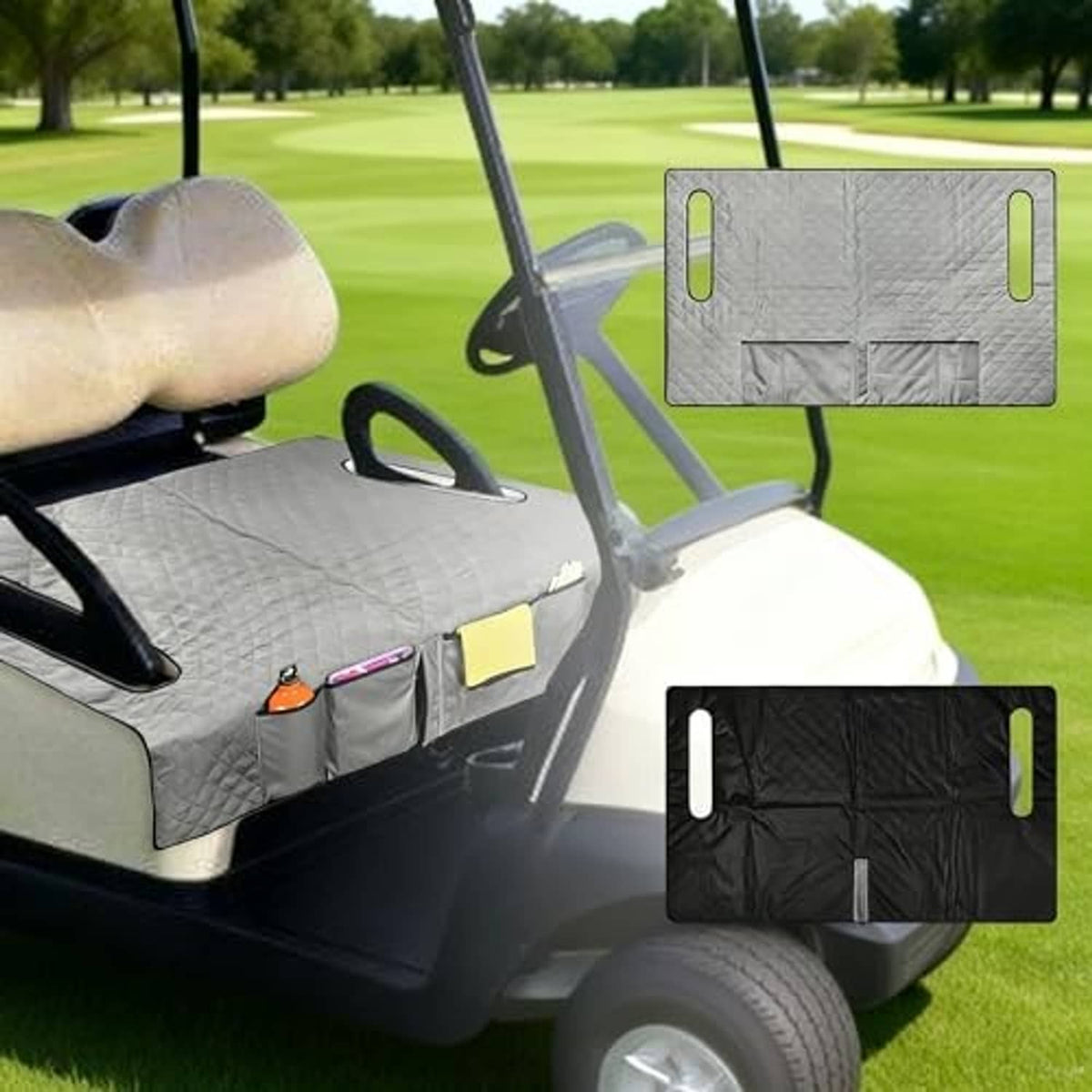 Gray golf cart seat cover with storage pocket panel and green grip straps