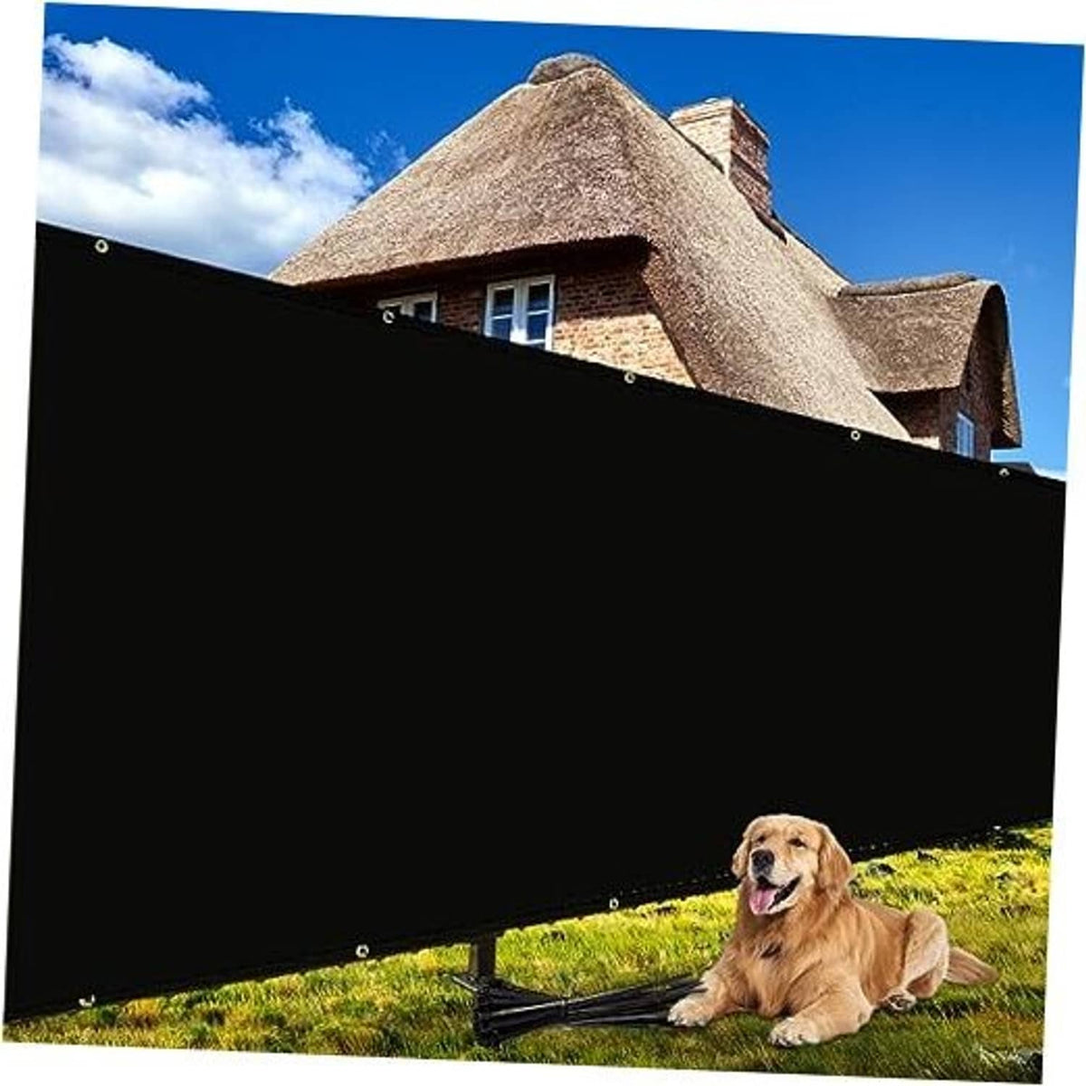 Black fence privacy screen netting with top grommet rows on outdoor fence.