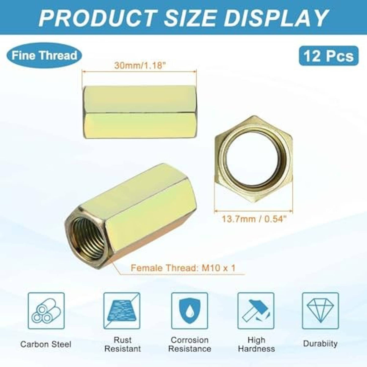 M10 x 1 hex coupling nut, zinc-plated yellow, long hex sleeve with internal thread