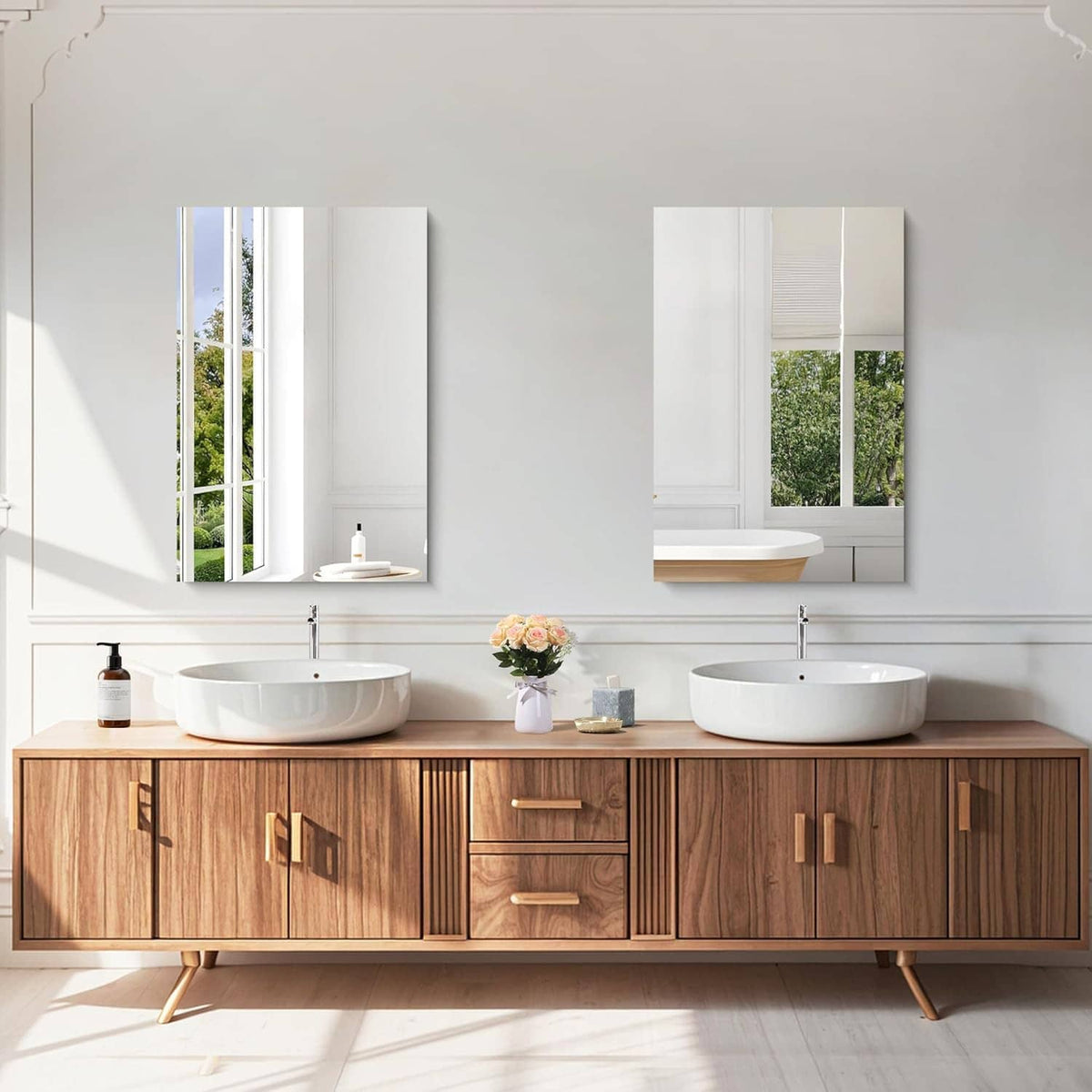 Rectangular frameless mirror above dual sinks with clear reflective glass