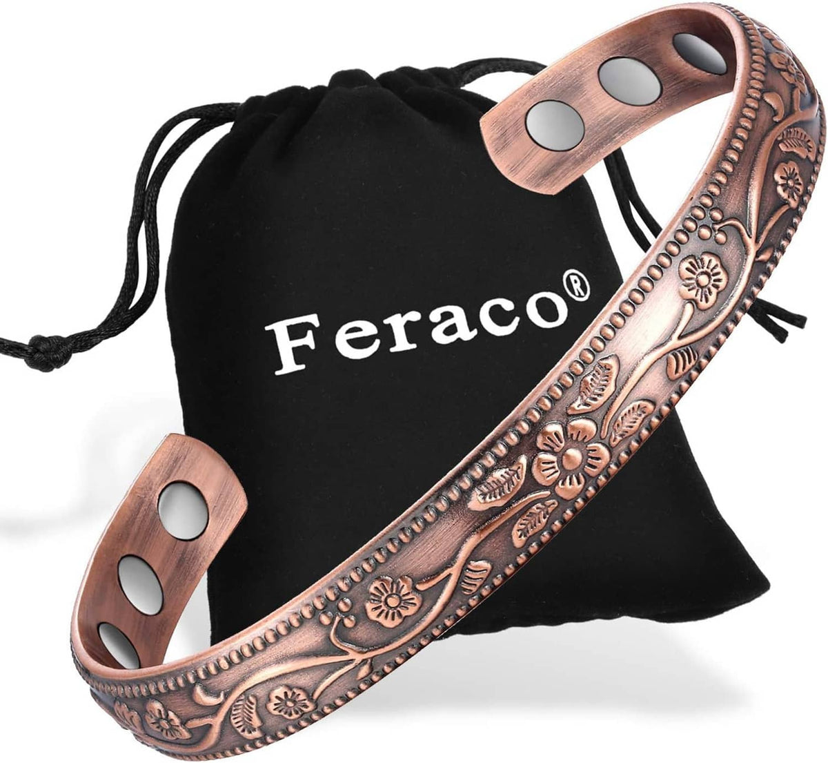 Women’s copper magnetic bracelet with etched floral pattern and three round copper panels.