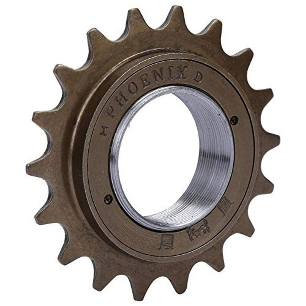 18-tooth freewheel sprocket close-up, silver inner threads and outer ring branding