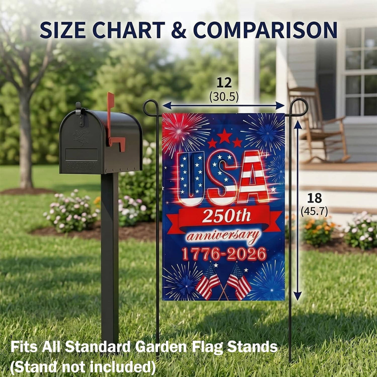 12x18 USA 250th anniversary garden flag with fireworks, stars, and 1776-2026 banner