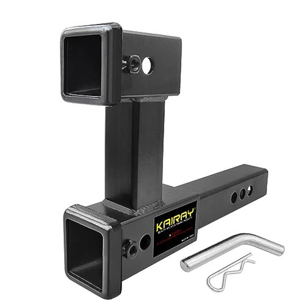 Black dual hitch receiver riser with two square openings and mounting pin holes