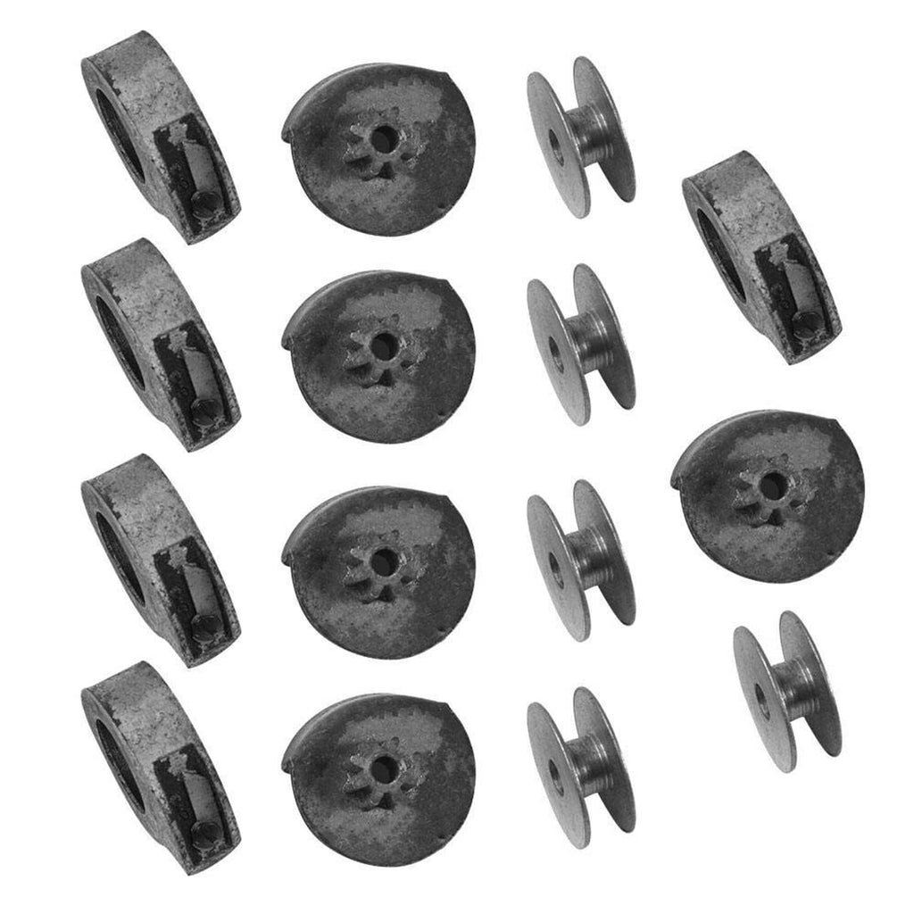 Shoe mending bobbin set parts with dark spools, dark bobbin cases, and small disks