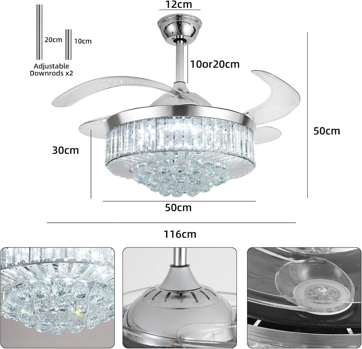 Chrome ceiling fan with crystal light dome and four blades, close-up product details
