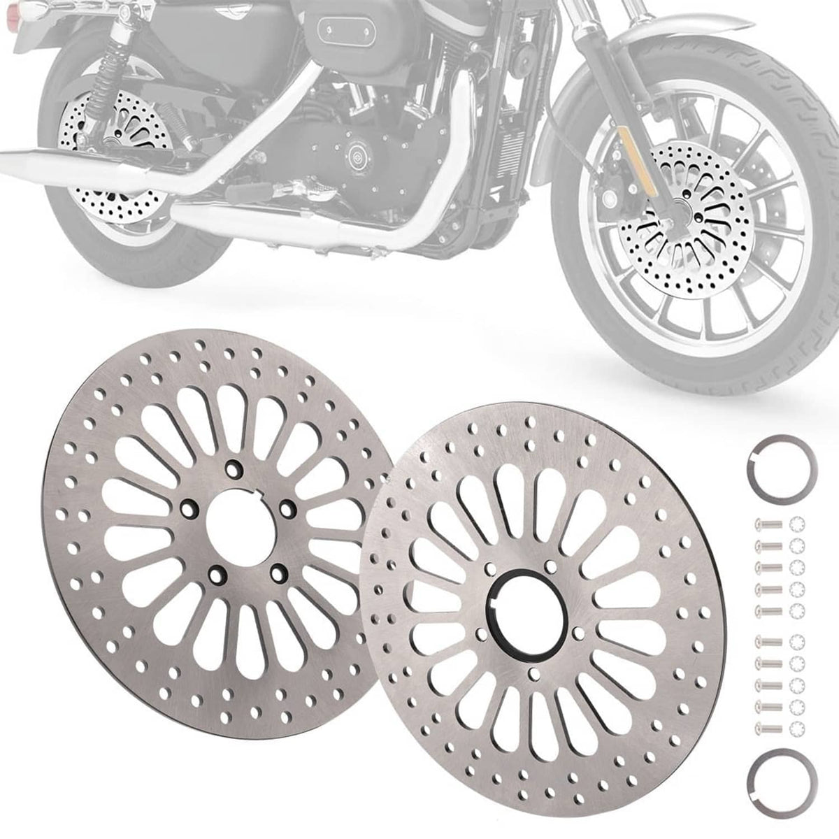 Pair of drilled brake rotors with center hubs and mounting hardware for front and rear