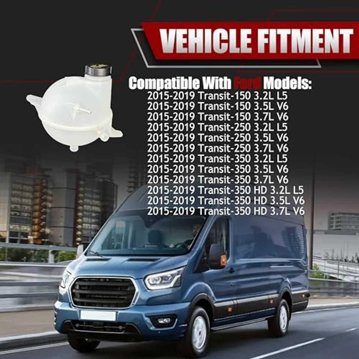 White coolant overflow reservoir tank with cap, shown in vehicle fitment graphic