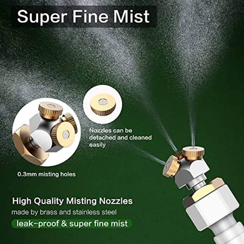 Brass misting nozzle with white connector and fine spray over green background