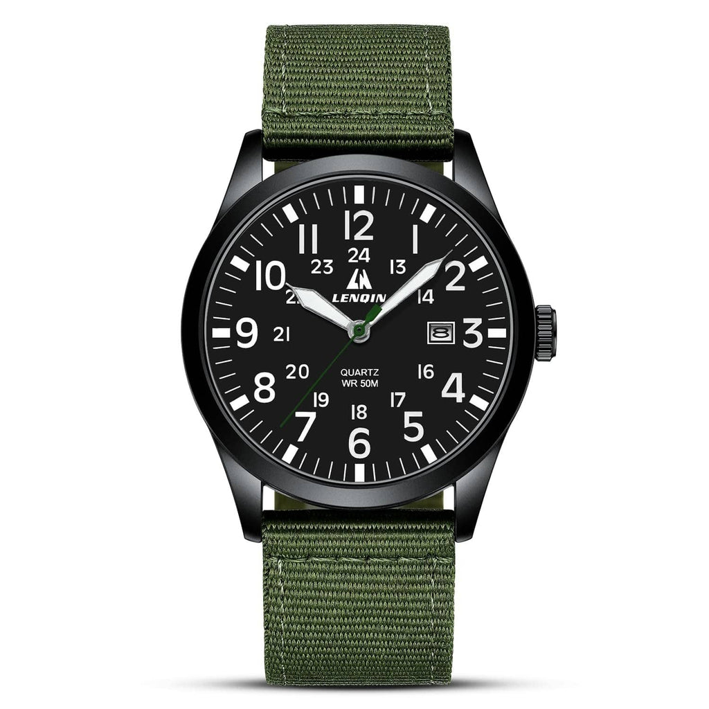 Men's military sport analog watch with black case, black dial, and green nylon strap