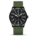 Men's military sport analog watch with black case, black dial, and green nylon strap