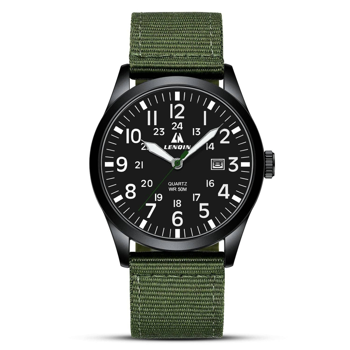 Men's military sport analog watch with black case, black dial, and green nylon strap