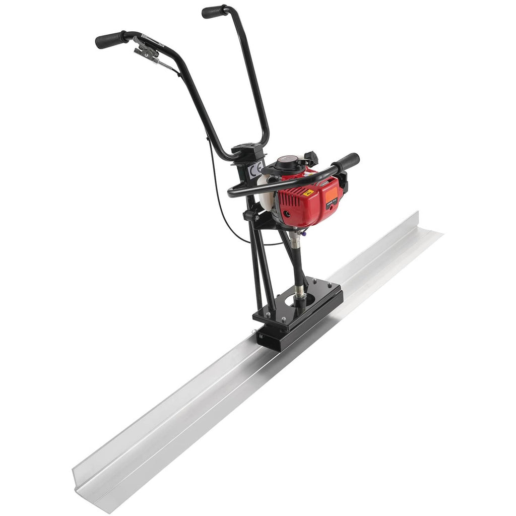 Red-and-black gas power screed float with long blade board for concrete finishing