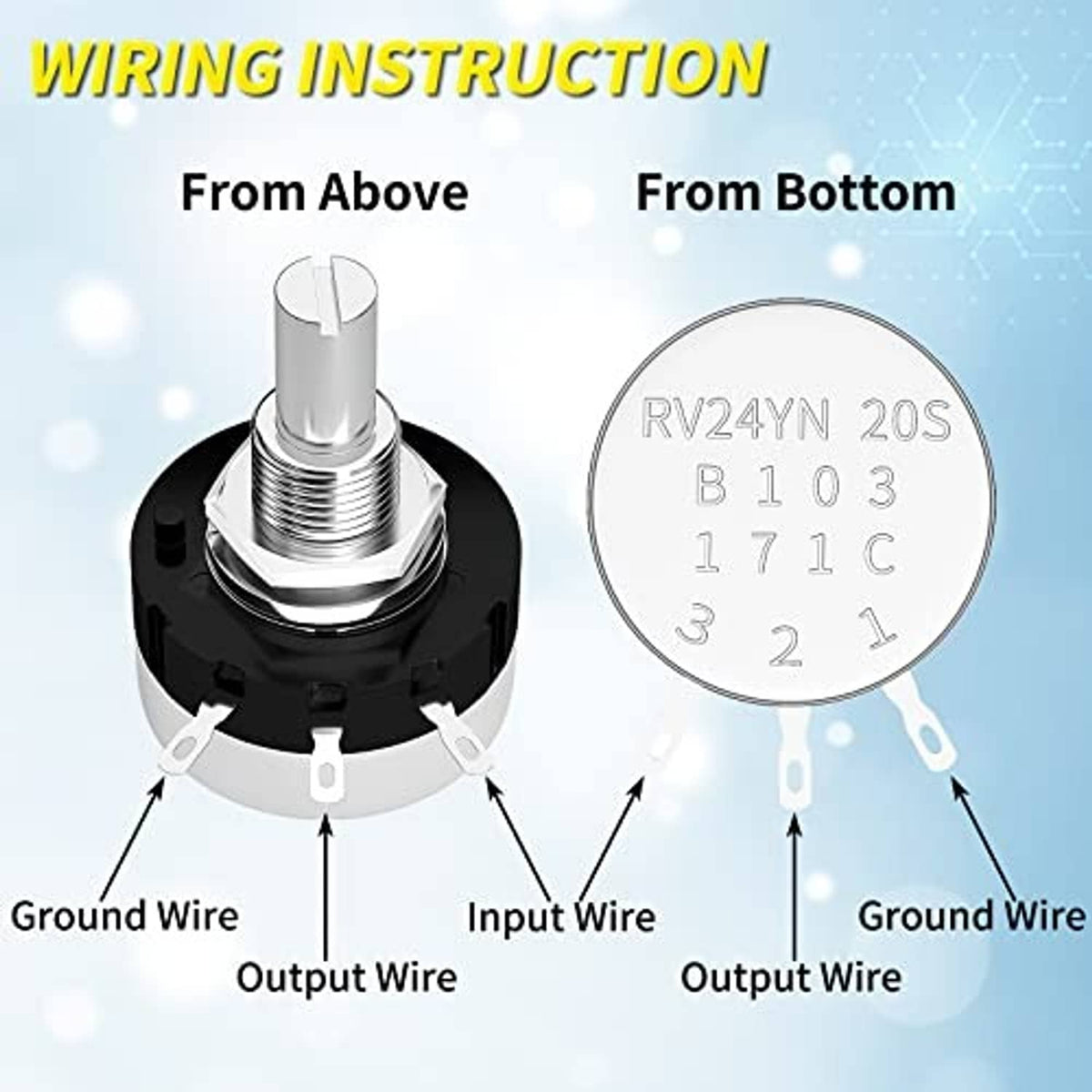 Rotary potentiometer wiring view showing input, output, and ground wires on terminals