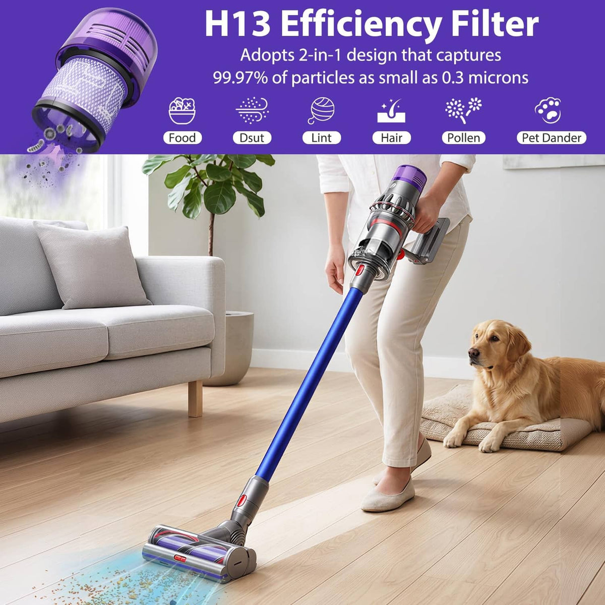 Purple H13 efficiency vacuum filter with filter-capture icons and handheld vacuum