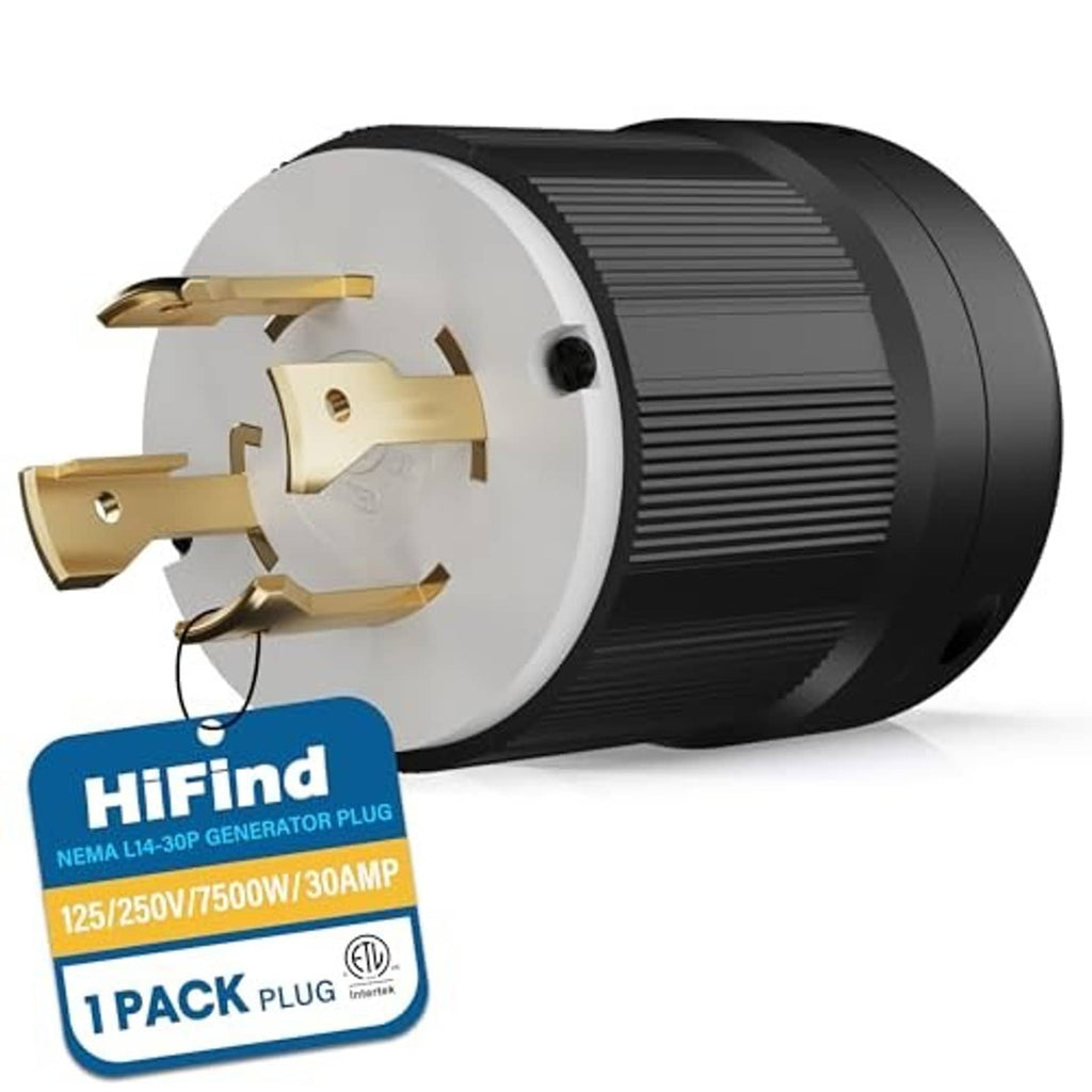 Angled black locking generator plug with white insert and gold prongs