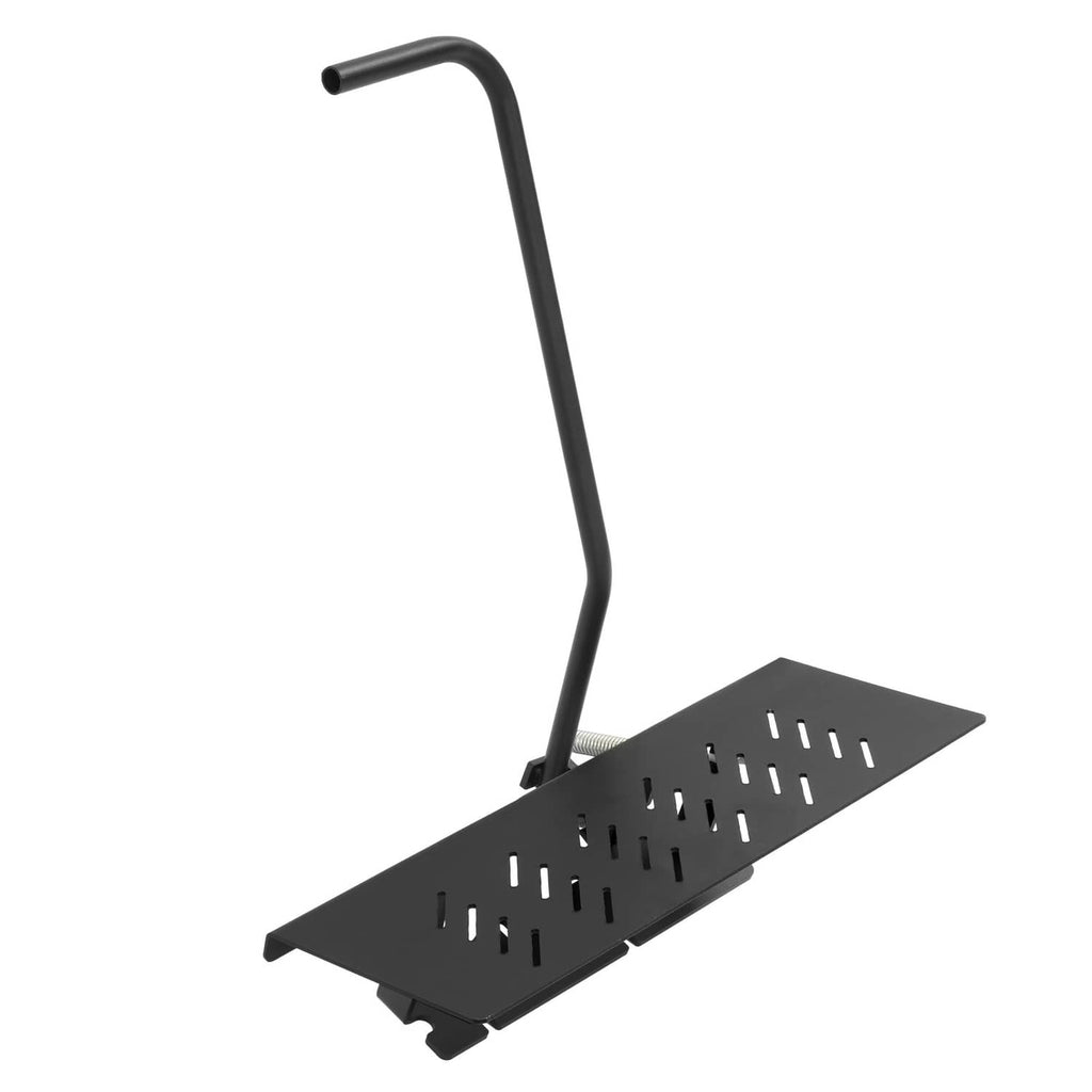 Black discharge shield with perforated plate and long upright handle