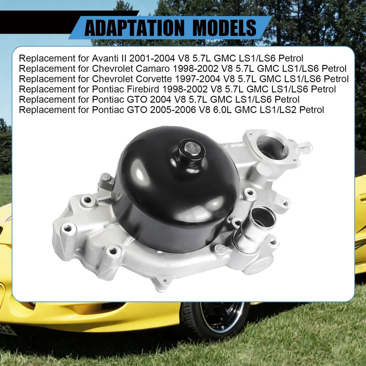 Water pump assembly with black cap and silver housing, vehicle-fitment inset
