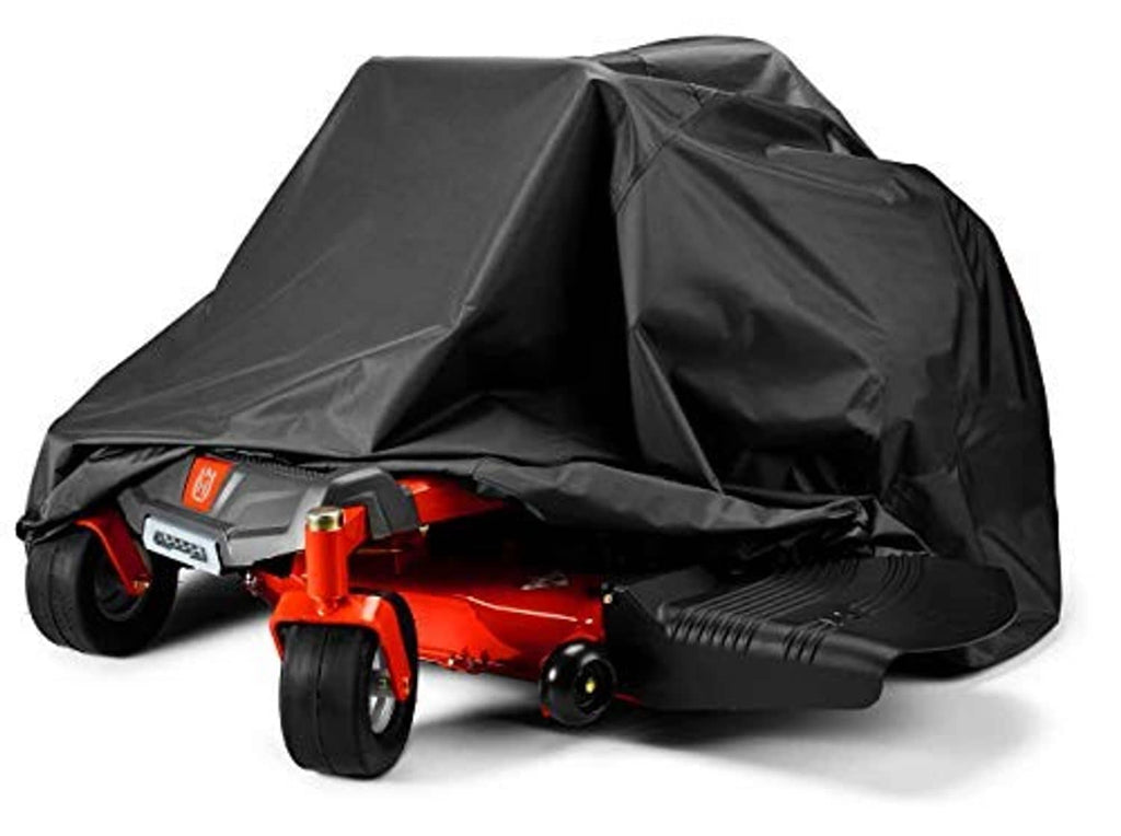 Zero-turn mower cover in black fabric with drawstring-secured hood over mower