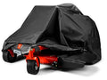 Zero-turn mower cover in black fabric with drawstring-secured hood over mower