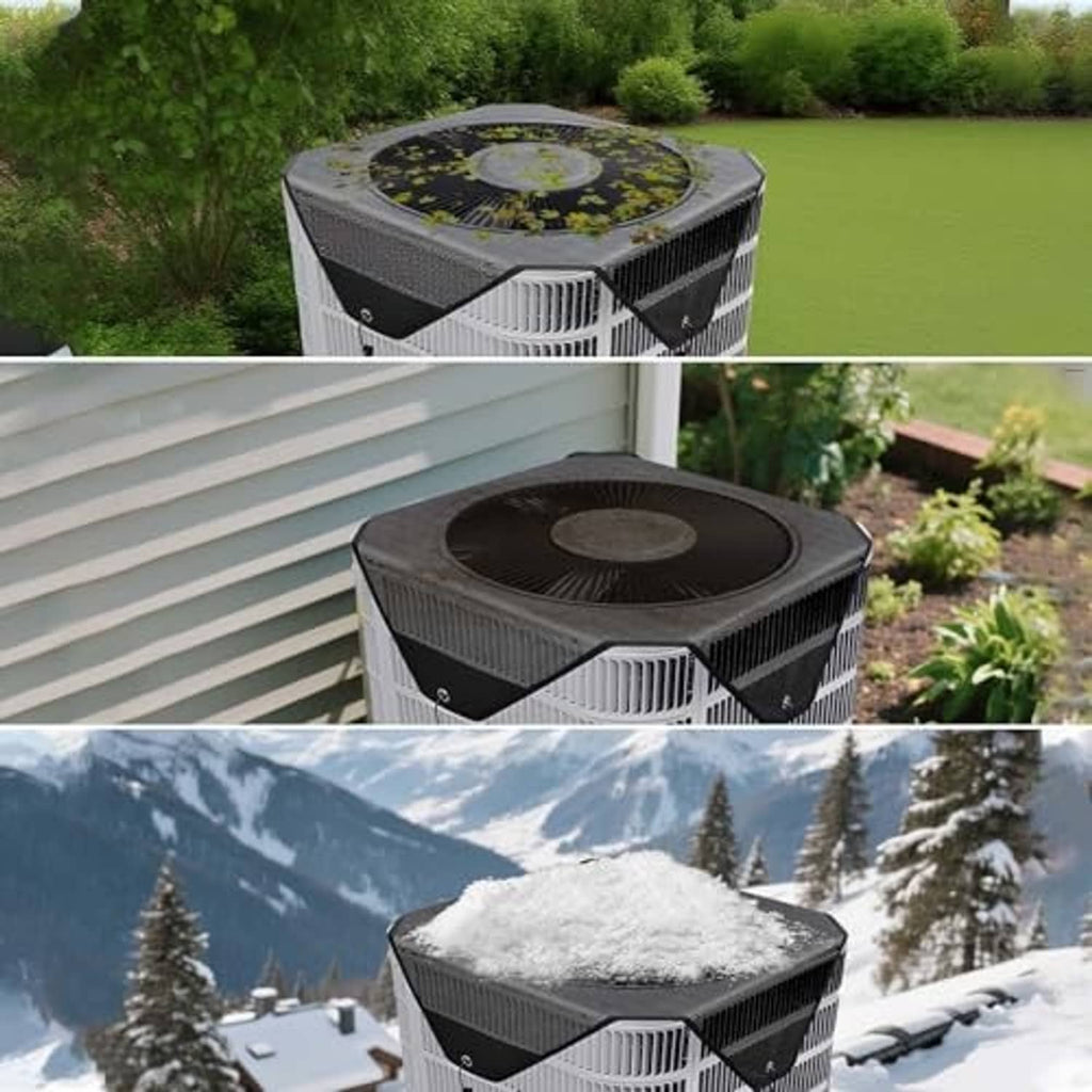 Outdoor AC unit cover with black mesh top shown in multiple outdoor weather conditions