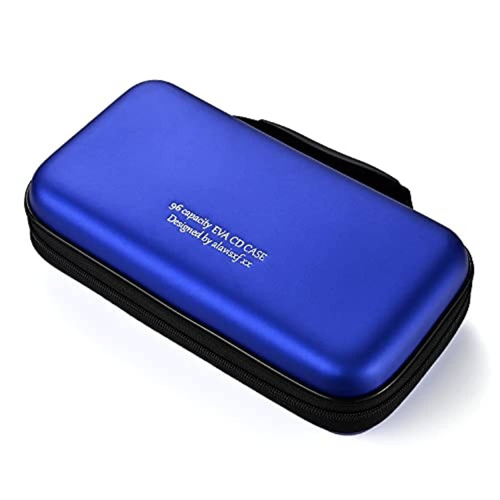 Blue hard EVA CD/DVD case with black edging and zipper closure, rounded corners
