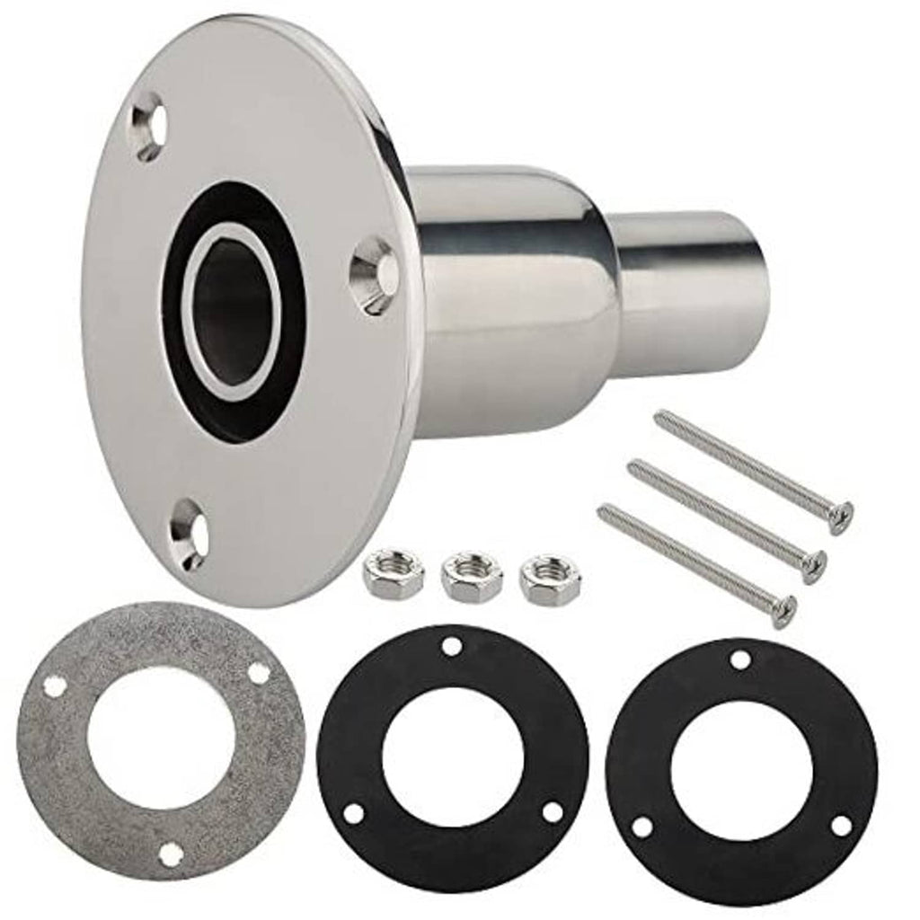 Stainless steel thru-hull exhaust skin fitting kit with flange, pipe, gaskets, and bolts