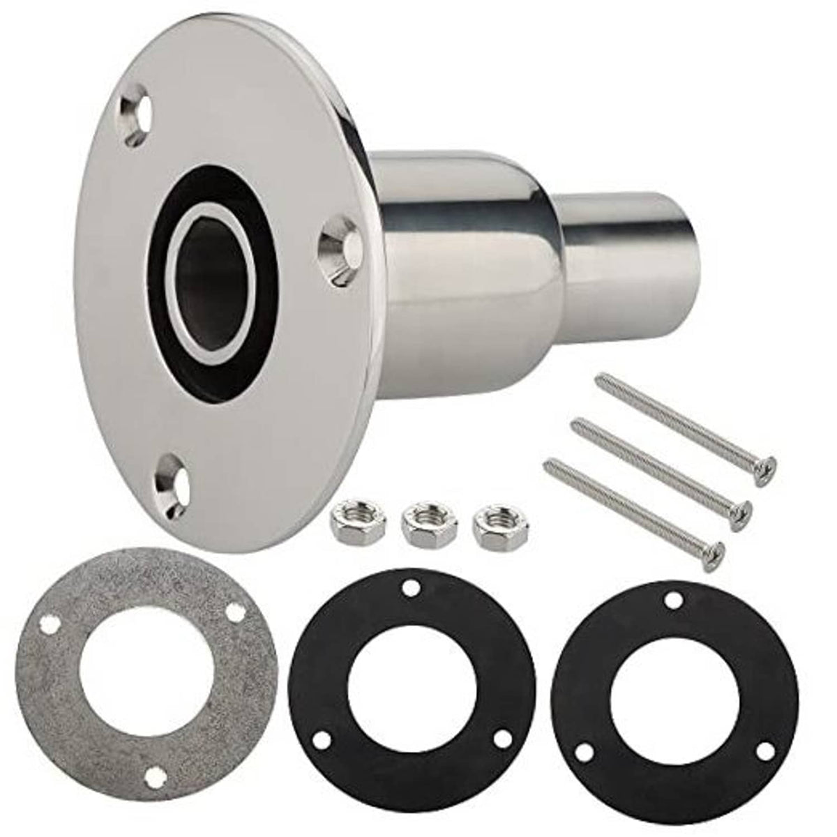 Stainless steel thru-hull exhaust skin fitting kit with flange, pipe, gaskets, and bolts