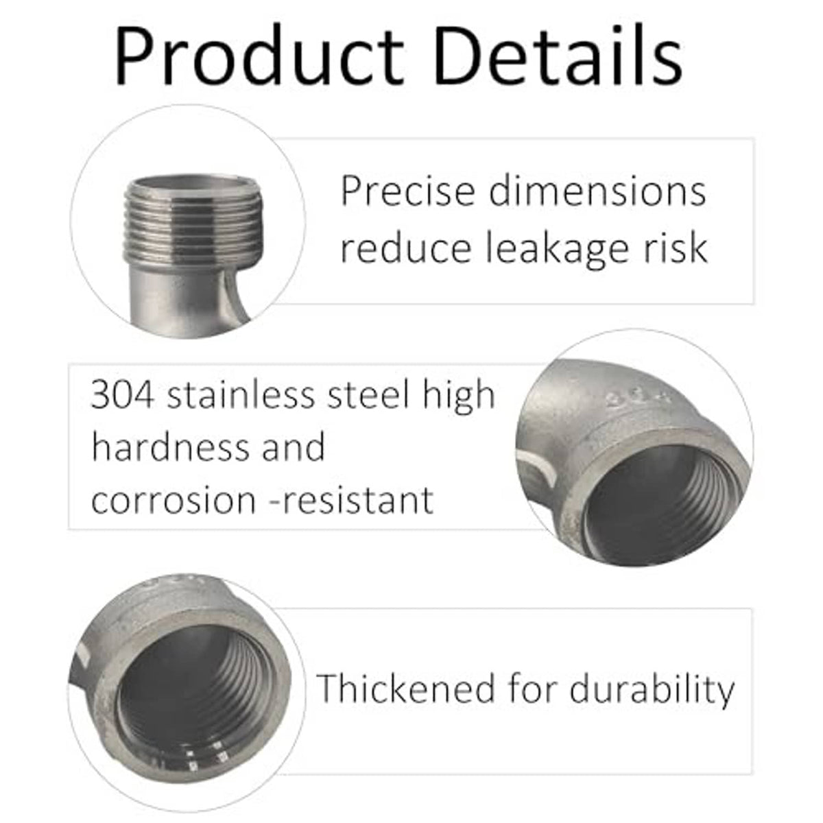 Close-up of stainless steel 90-degree NPT elbow with internal female threads