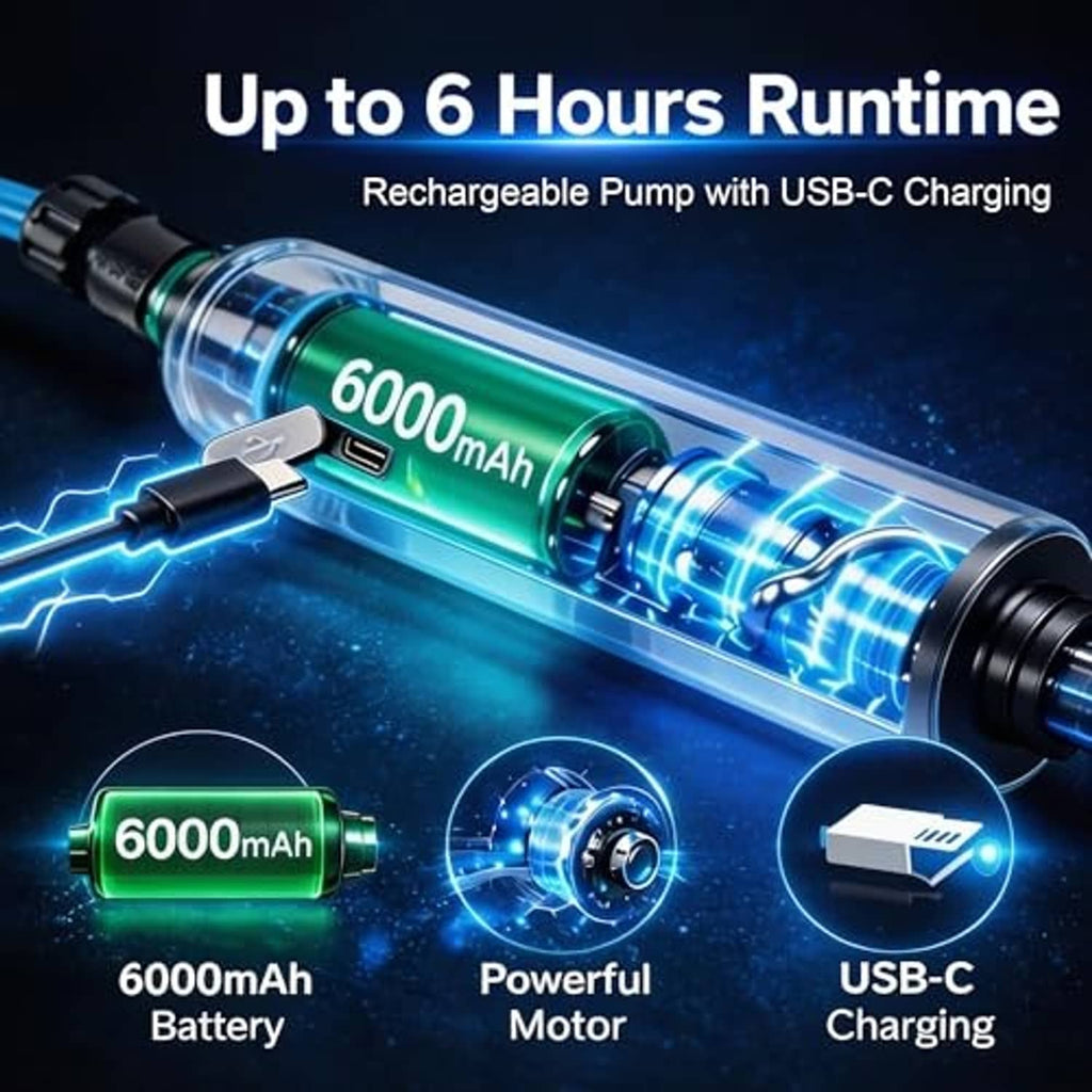 Rechargeable misting system pump with blue-lit battery cylinder and USB-C charging