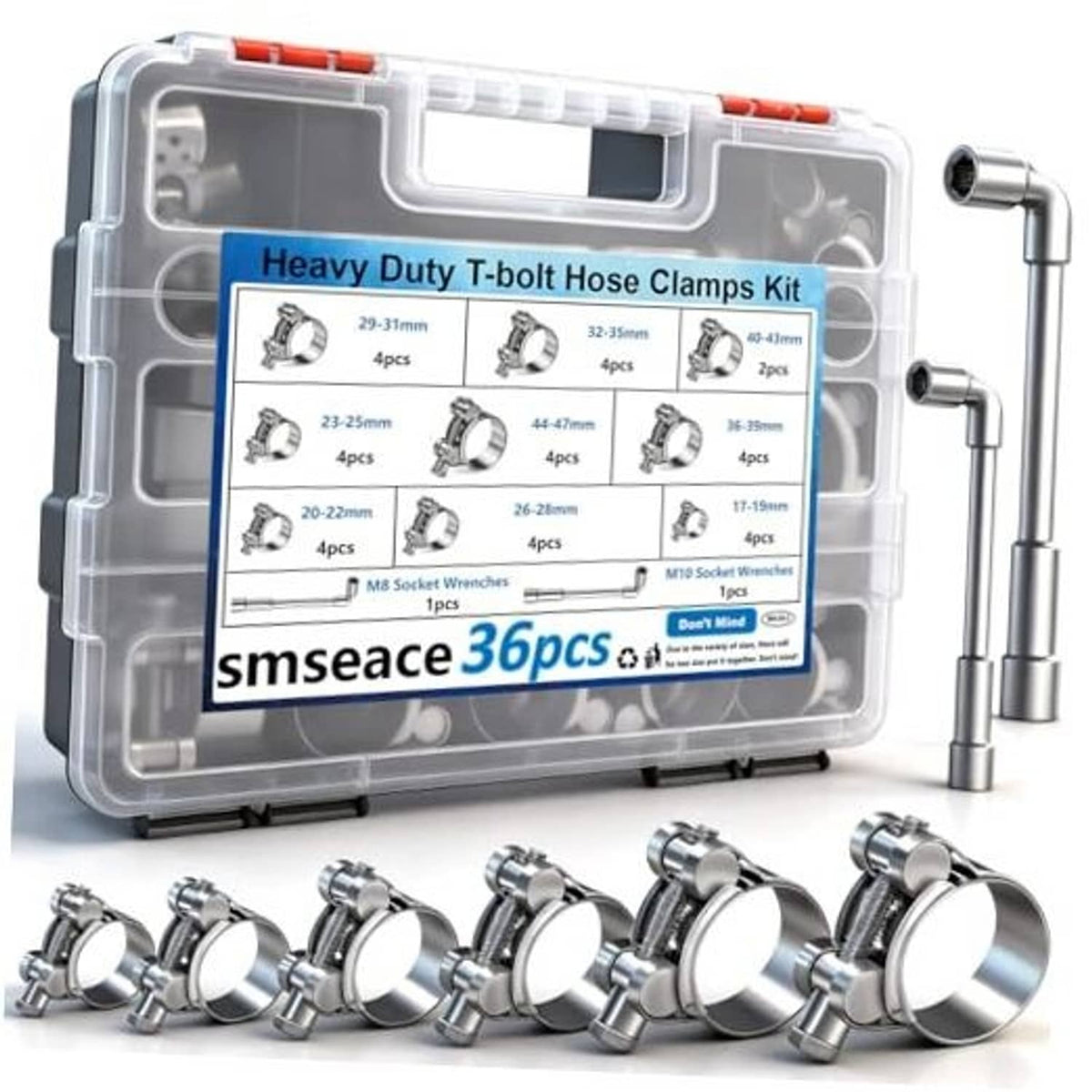 Stainless steel T-bolt hose clamps kit with multiple sizes in clear plastic case