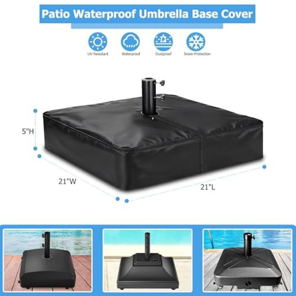 Black patio umbrella base cover with central pole opening and full top coverage.