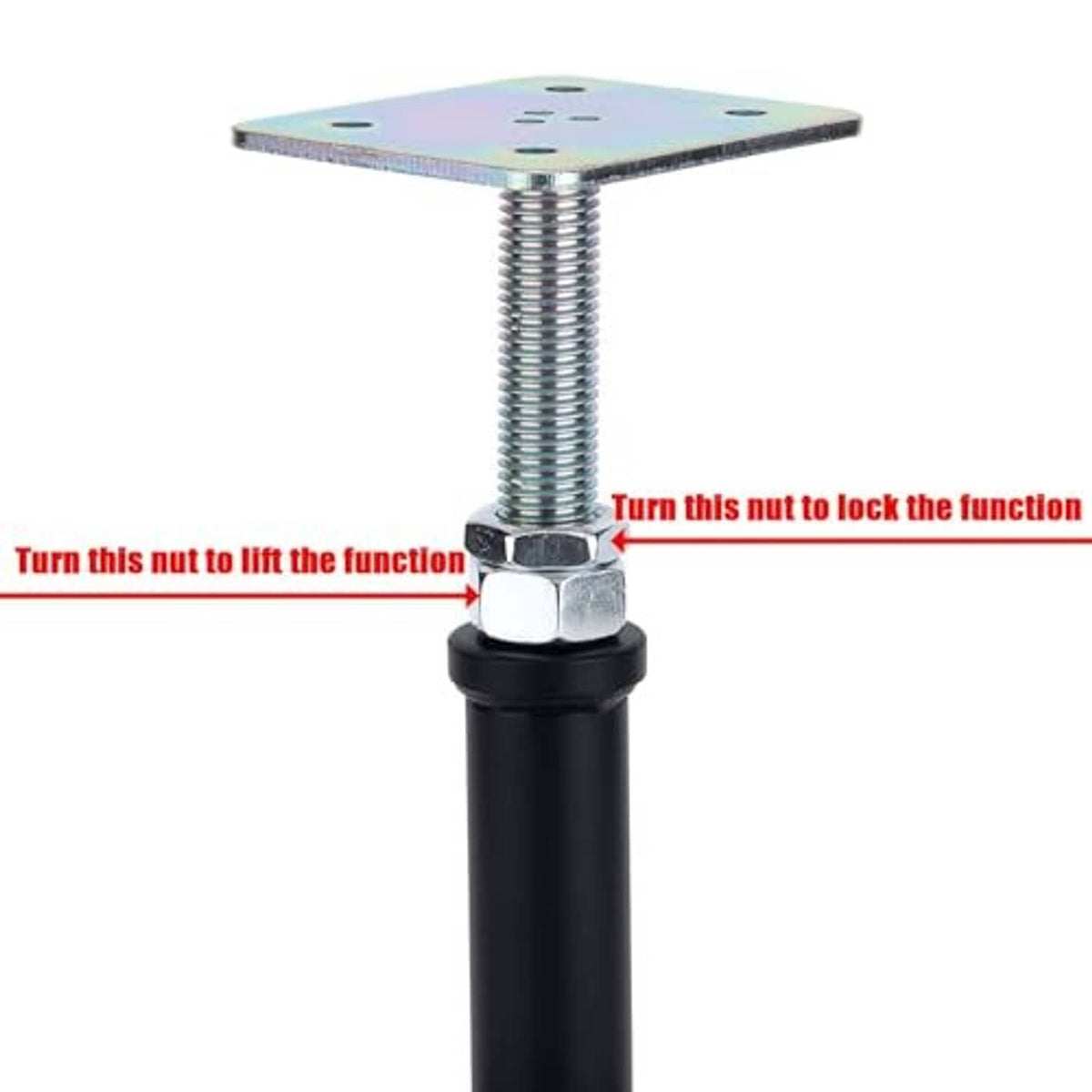 Threaded jack lift post with black base, silver top plate, and locking hex knob