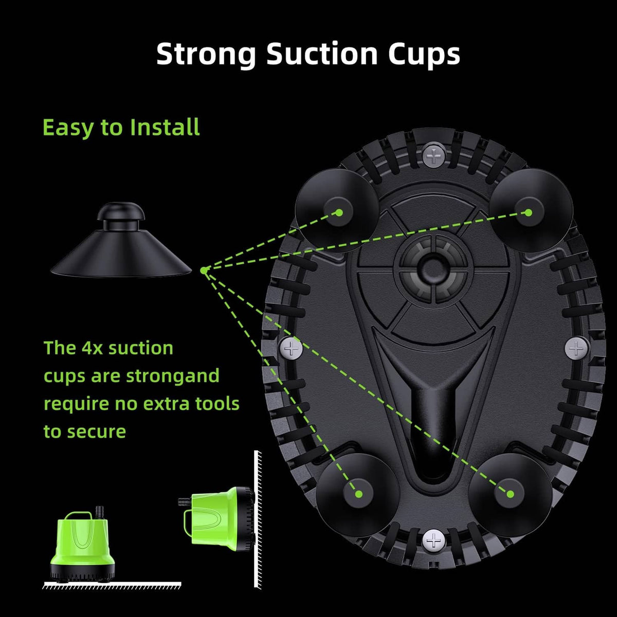 Bright green submersible water pump with suction cups for easy installation and power cord