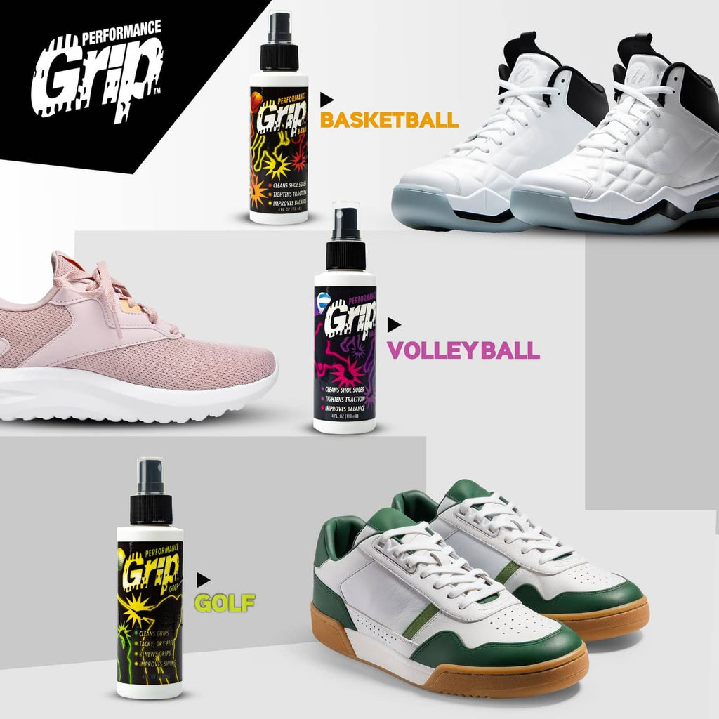 Performance Grip spray bottle with black sprayer shown with basketball, volleyball, and golf options
