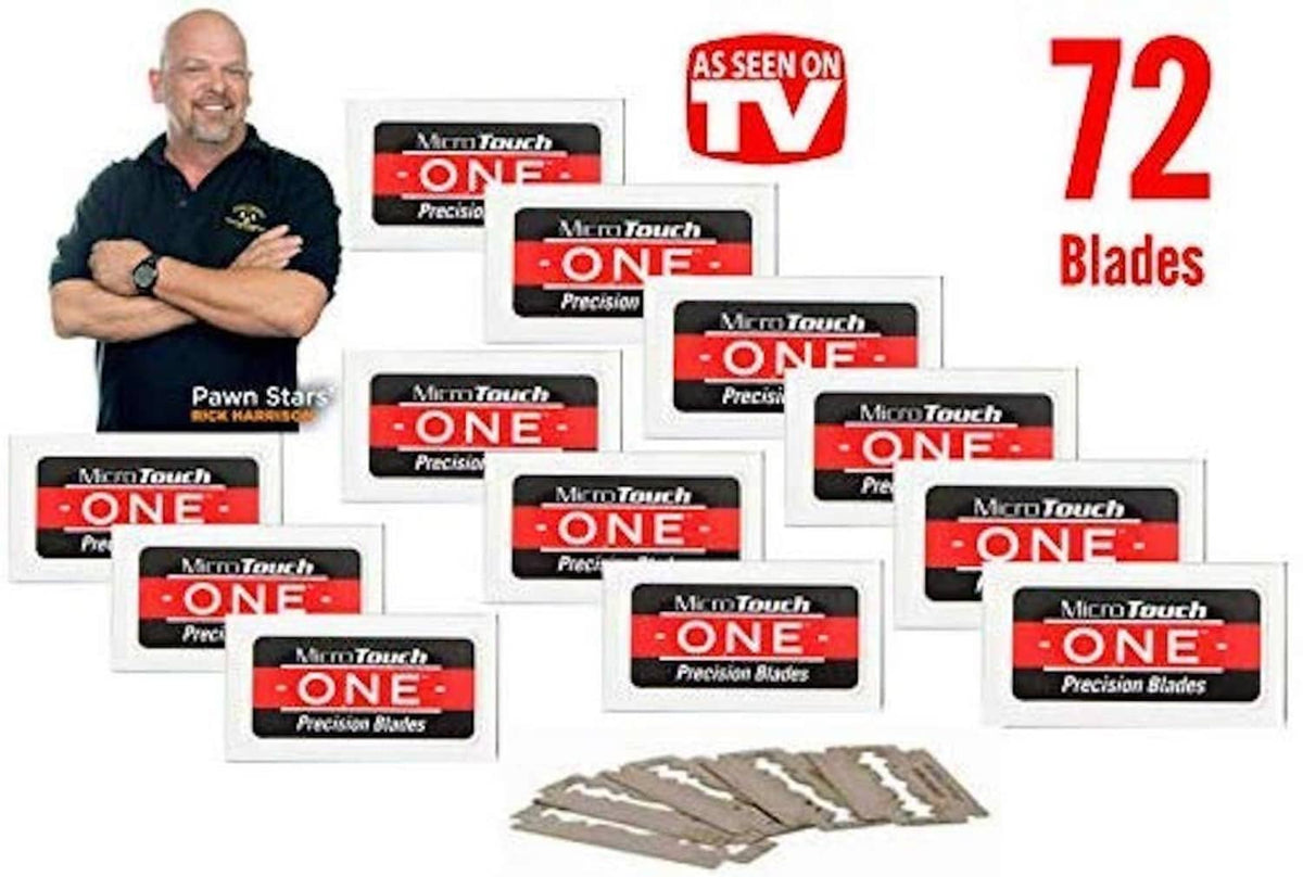 MicroTouch ONE razor blade set showing 72 blades and boxed cartridges