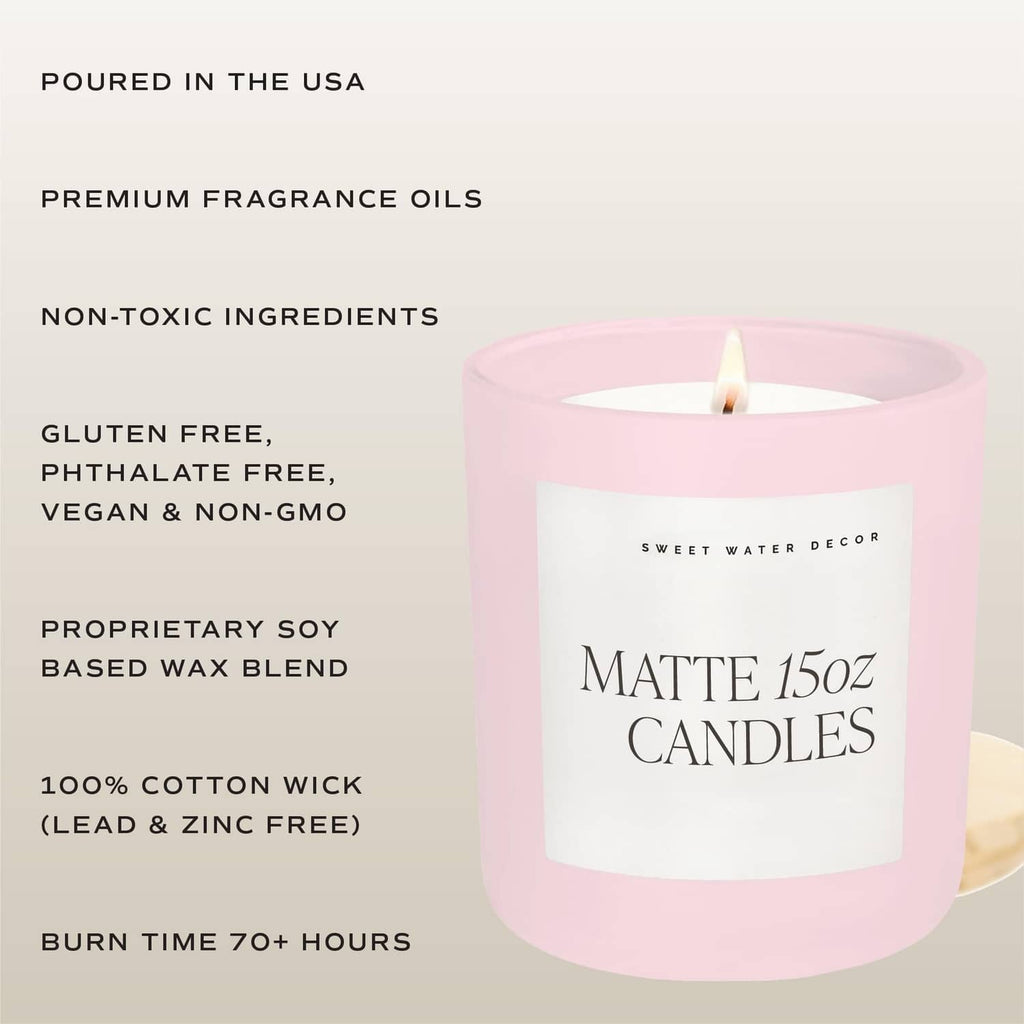 Pink matte 15oz candle with “Sweet Water Decor” label and ingredient callouts