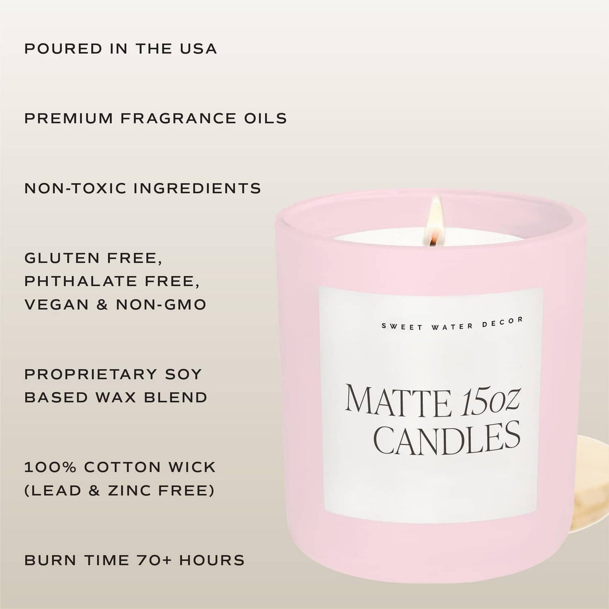 Pink matte 15oz candle with “Sweet Water Decor” label and ingredient callouts