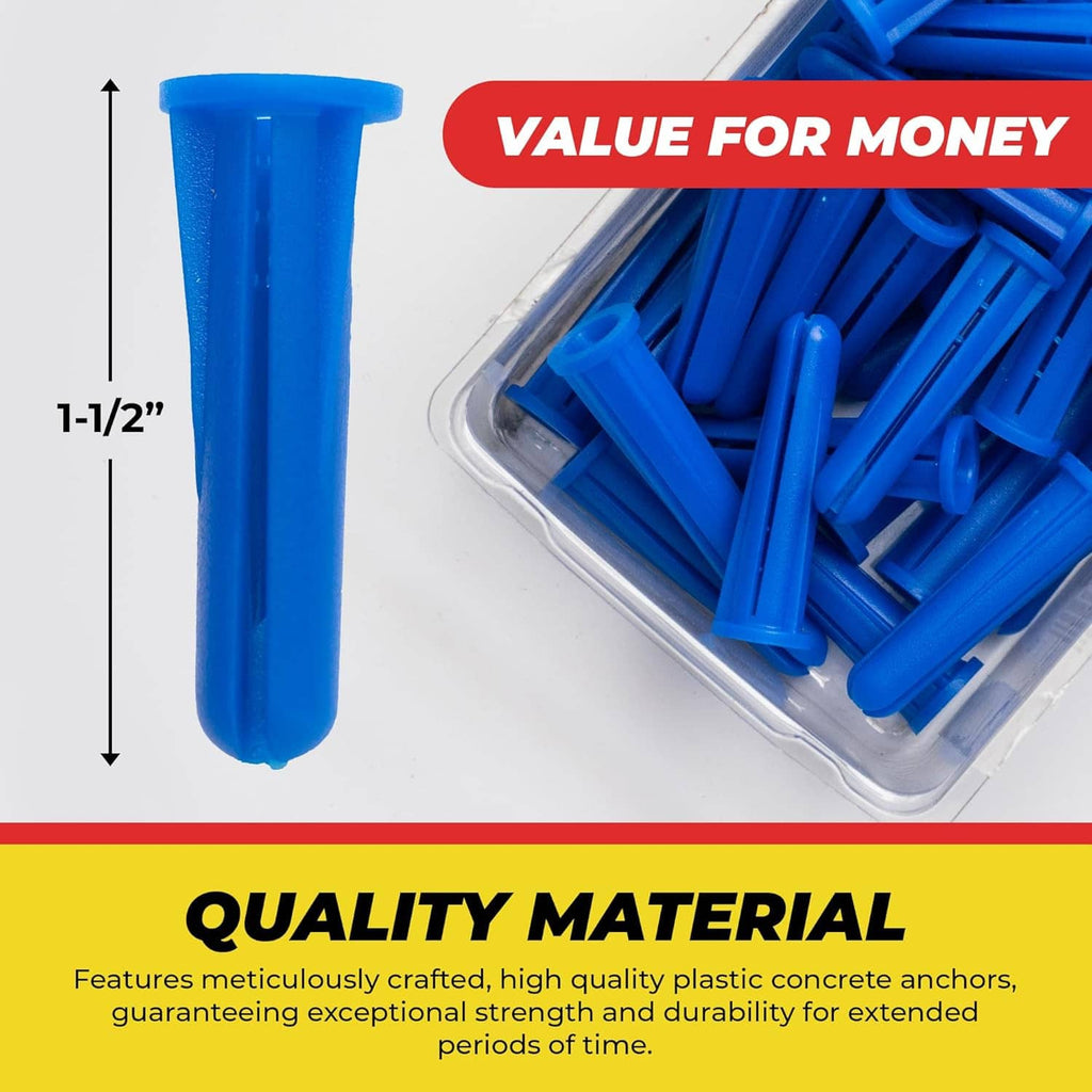 Blue conical plastic wall anchor, 1-1/2 in, shown beside the 50-pack tray