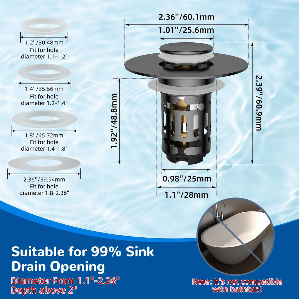 Gray pop-up sink drain strainer with round top cover and included dimensions