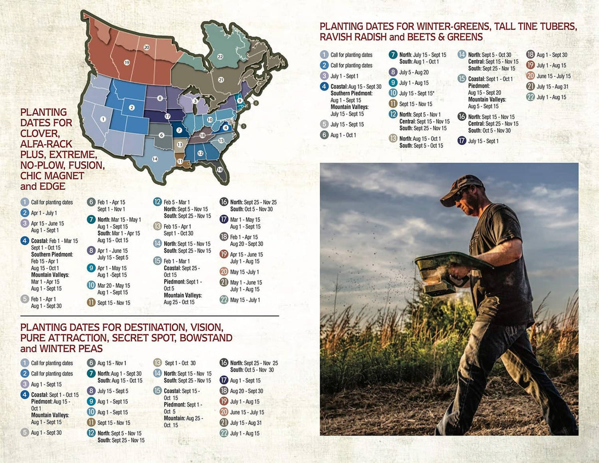 Seed blend planting guide spread with U.S. map and photo of person in a field