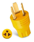 Yellow EV adapter plug with two flat prongs and ground slot