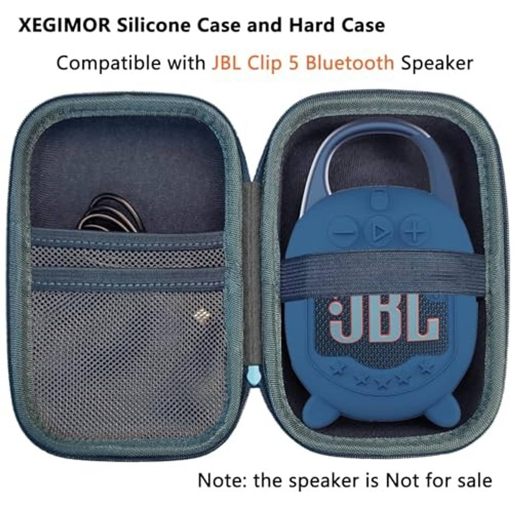 Blue JBL Clip 5 silicone speaker cover shown with hard case halves