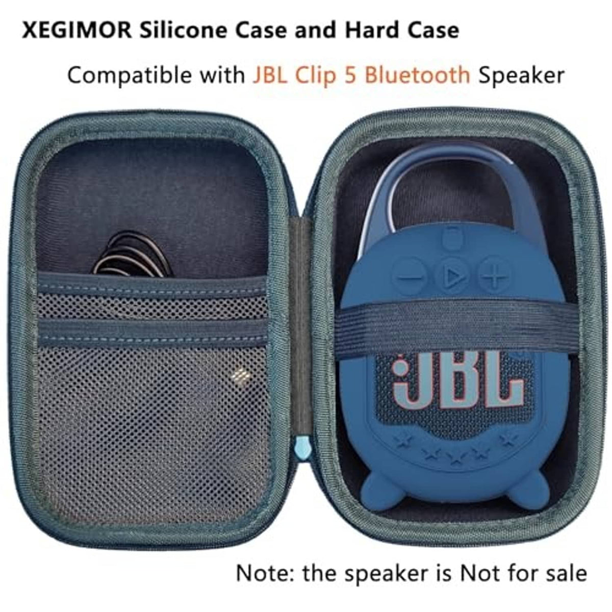 Blue JBL Clip 5 silicone speaker cover shown with hard case halves