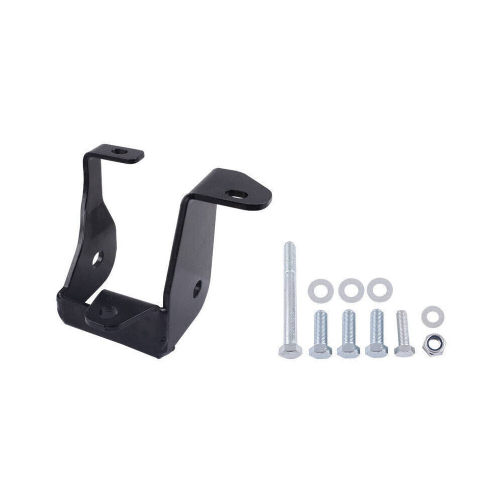 Black L-shaped motor mount bracket with bolts, washers, and spacer hardware