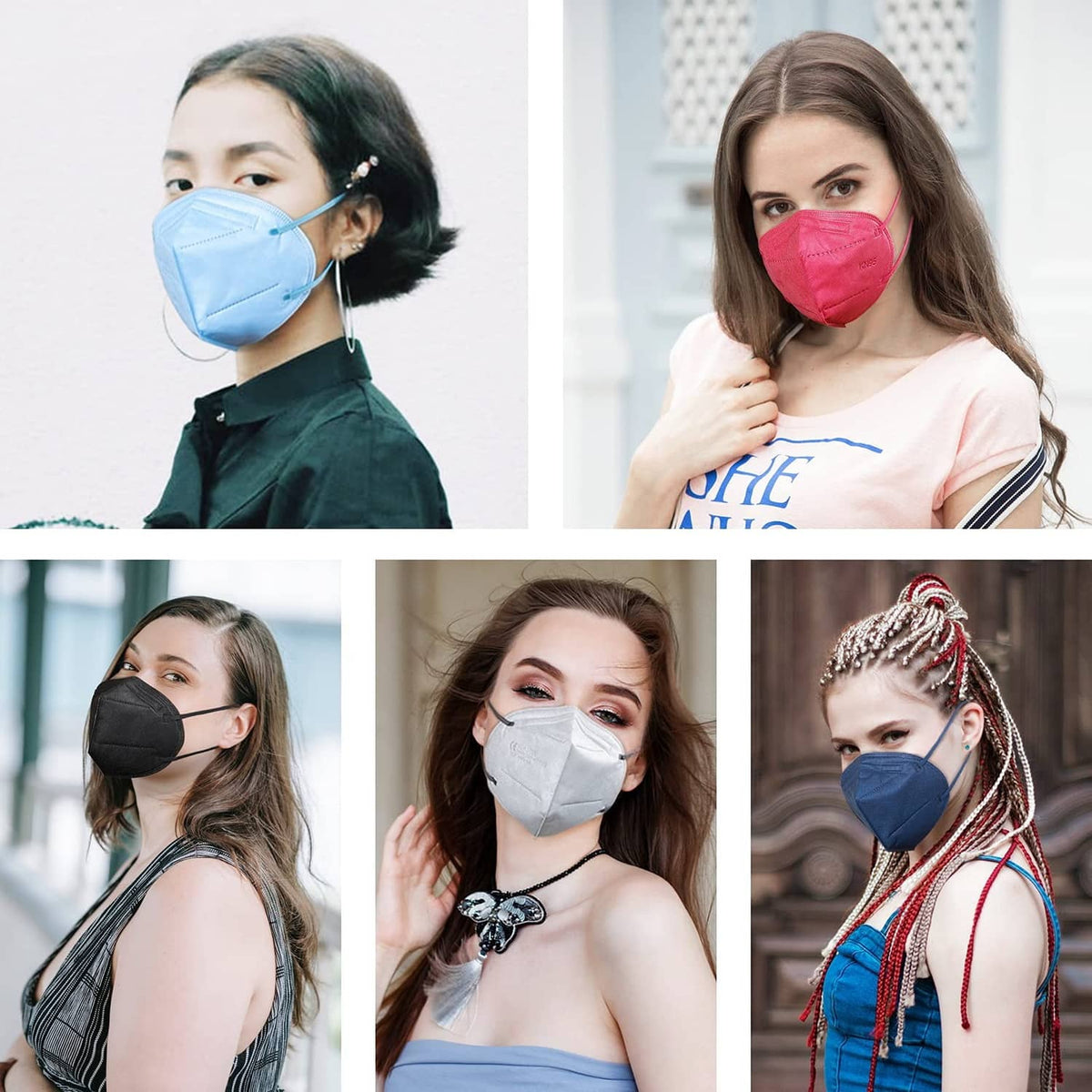 KN95-style face masks on models, including light blue and dark blue