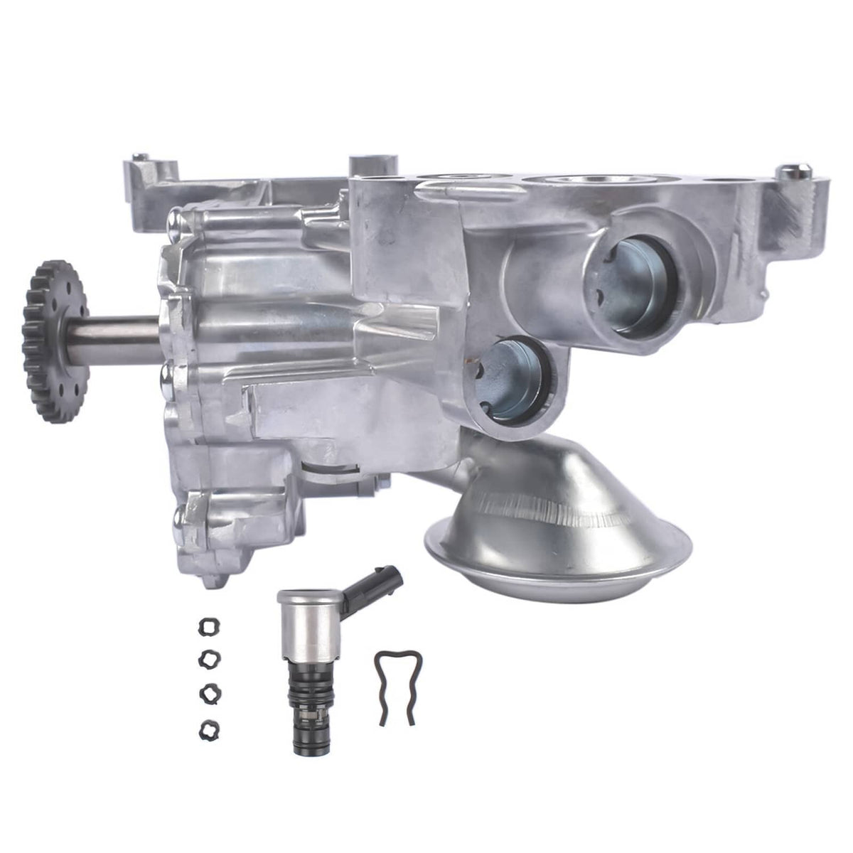 Metallic oil pump assembly with two ports and side gear shaft