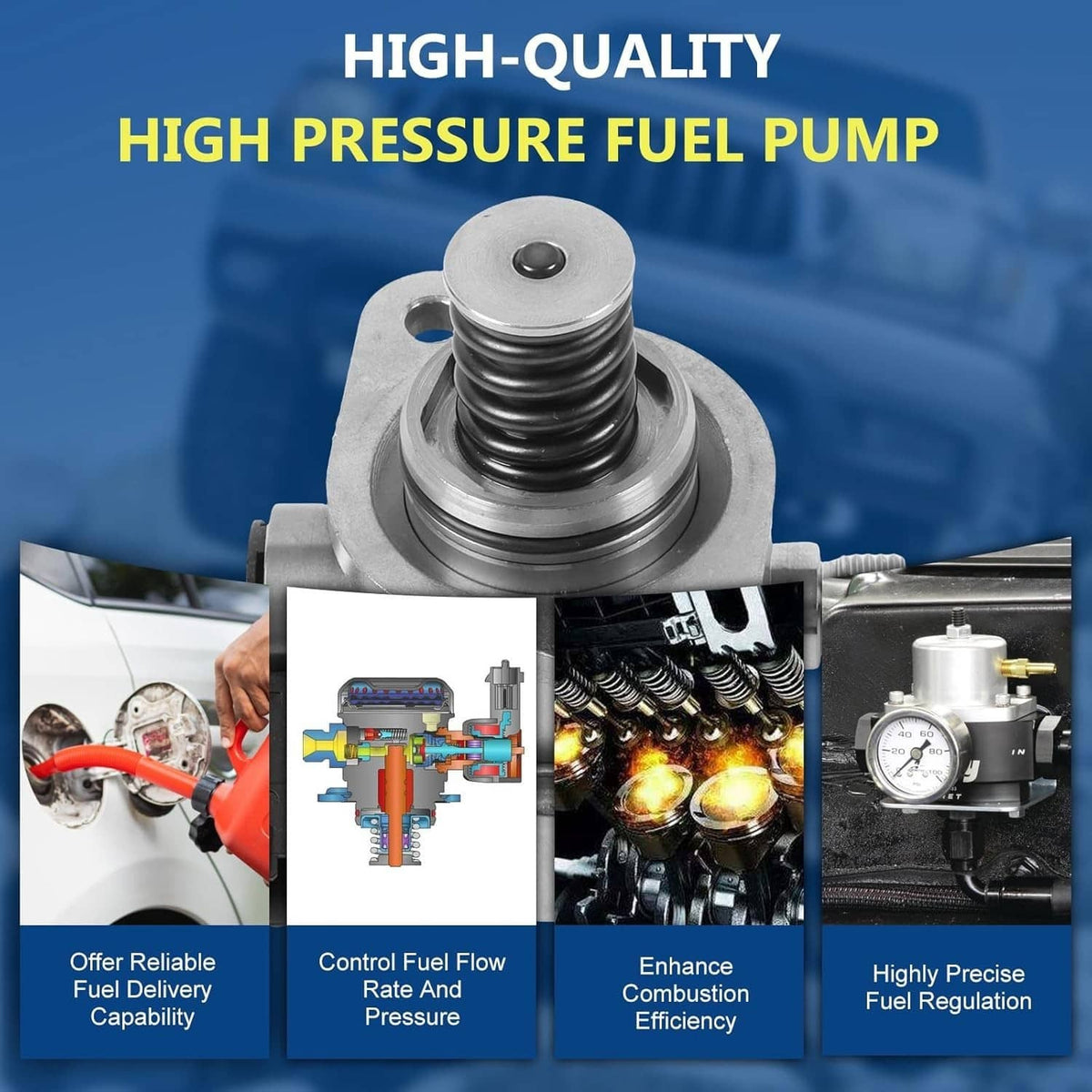 High pressure fuel pump shown with engine illustration, silver spring-loaded body