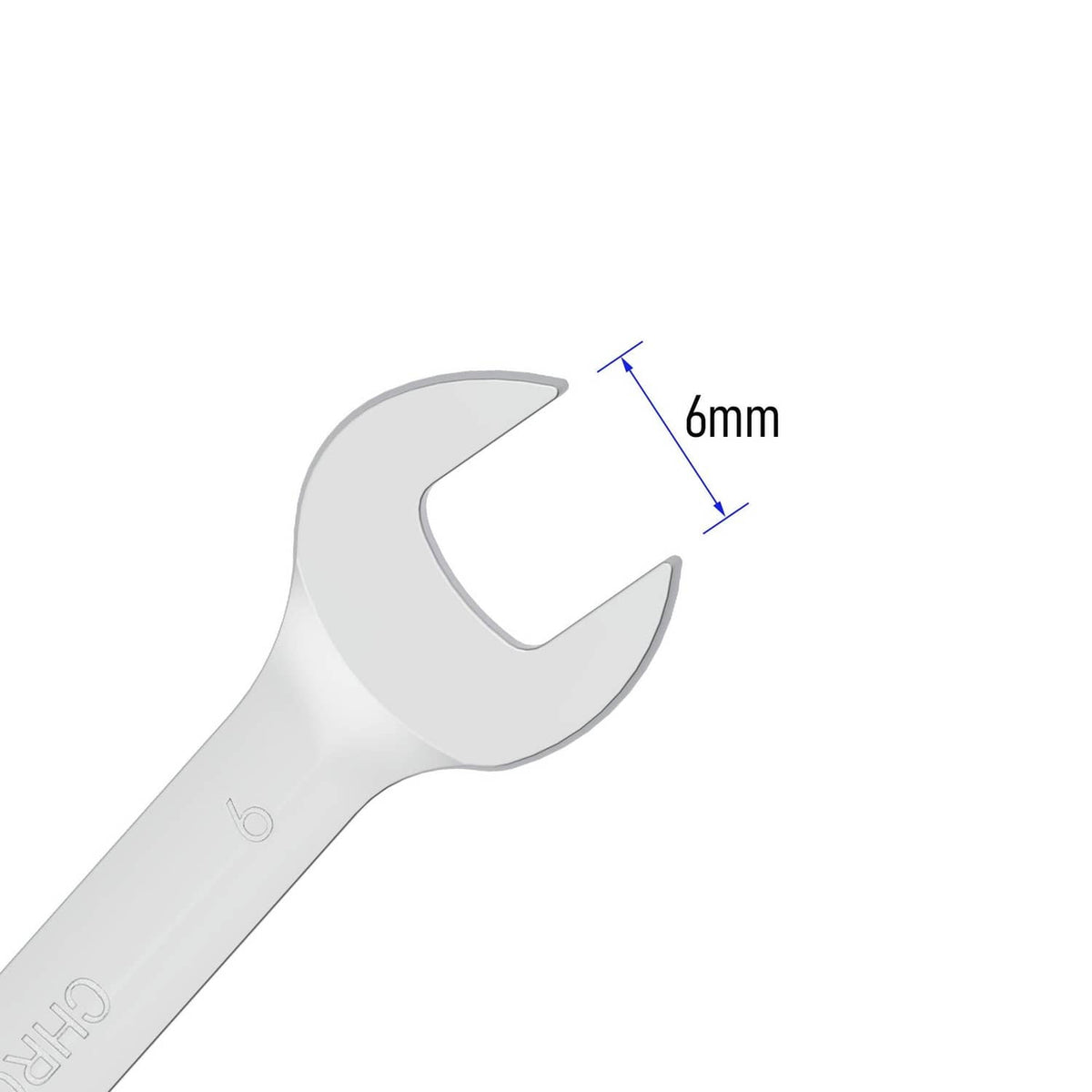 6mm open wrench jaw with flex-head ratcheting ring, silver